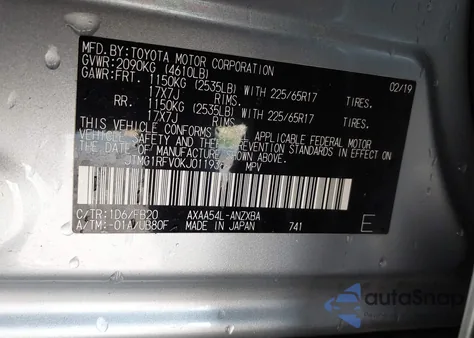 2019 Toyota Rav4 Le из США, поврежденный, VIN JTMG1RFV0KJ011936